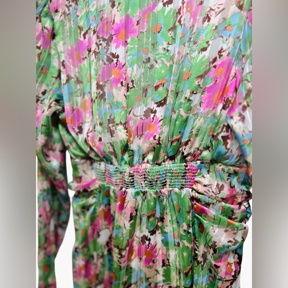 Fanco Watercolor Floral Button Up Long Sleeve Mini Dress Ruched Flare Medium - Picture 6 of 10